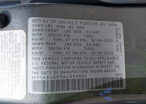 2010 Porsche Cayenne S z USA, uszkodzony, nr VIN WP1AB2AP3ALA50802